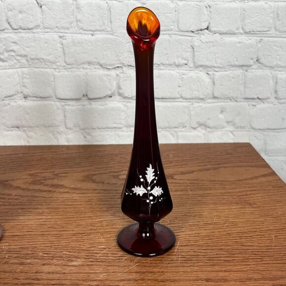 Vintage Fenton Ruby Red Holly Pedestal Vase - Signed and Stamped - Picture 1 of 6